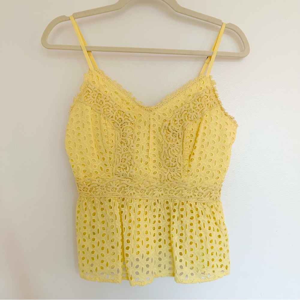 Yellow Eyelet Lace Peplum Crop Top Summer Spaghetti Strap Blouse